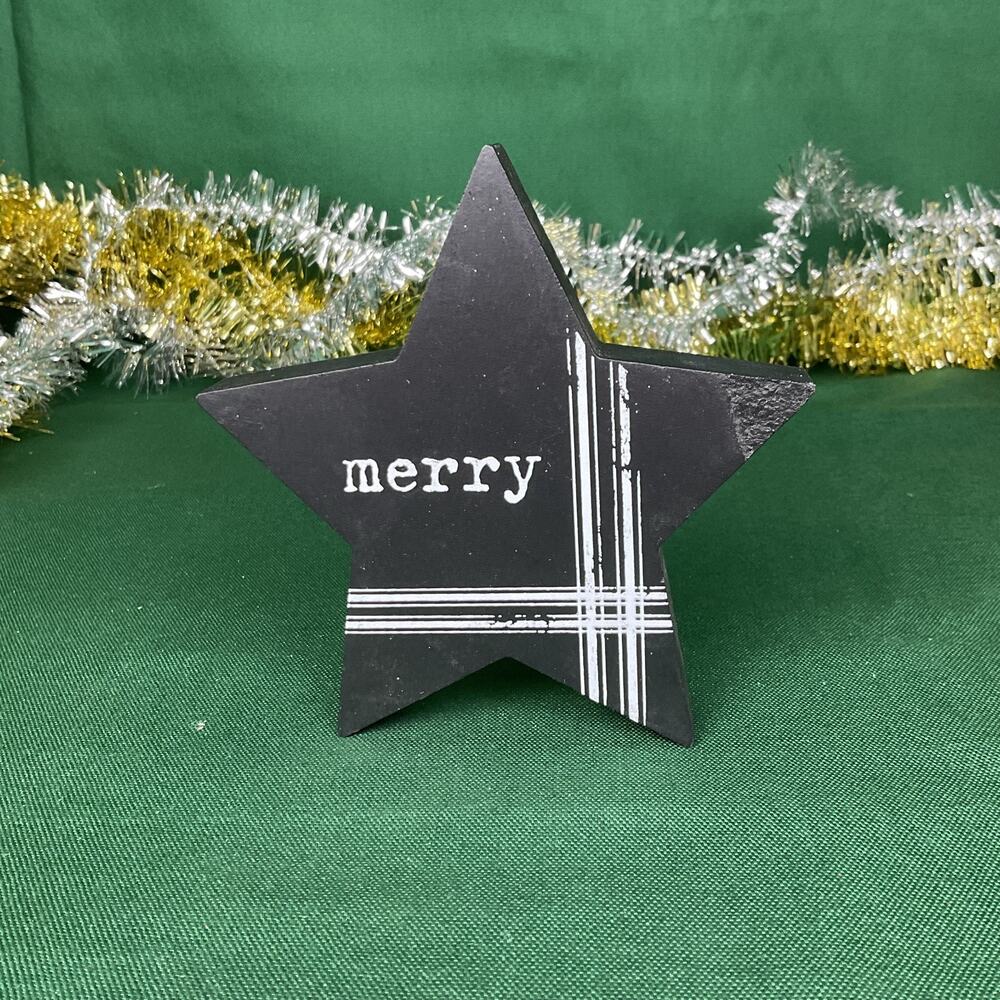 Wooden Black Star Christmas Block Decor Merry Plaid Holiday Tabletop Tiered Tray